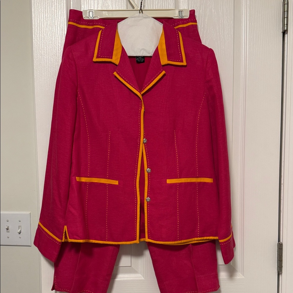 Parisian Signature Pink and Orange Blazer Suit with matching capri pants.